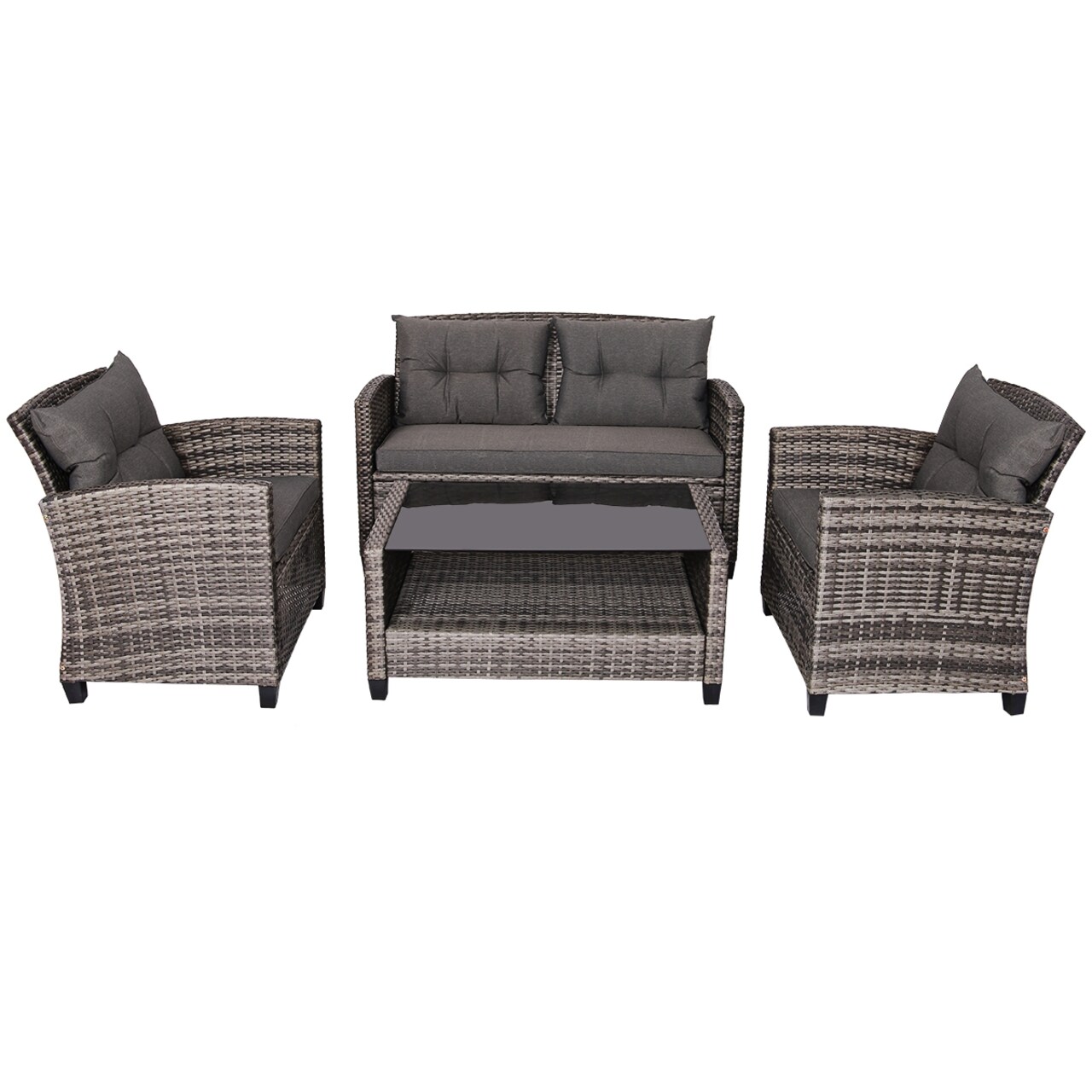 4 Piece Grey Rattan Patio Sofa Set with Steel Frame and Glass Table